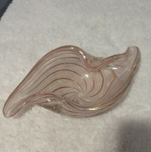 Murano Glass Pink And Gold Ribbon Swirls 13x7 Mid-century Modern Bowl